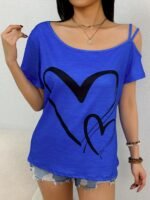 Heart Print Slant Shoulder T-Shirt, Casual Short Sleeve Top For Spring & Summer, Women'S Clothing - Image 10