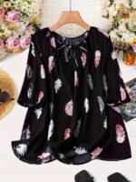 Elegant Notched Collar Polyester Non-Stretch Shirting Blouse With Print For Plus Size - Image 2