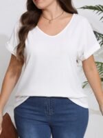 Plus Size, Plus Size Women'S Elegant V-Neck T-Shirt - Soft Semi-Sheer Fabric, Vibrant Red, Machine Washable, Spring Summer Fall Casual Top, Ladies T Shirts, Seasonal Fashion, Sophisticated Casual, Comfortable Fit - Image 6