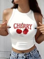 Women'S Elegant Cropped Graphic Tank Top - Cherry Print Semi-Sheer Stretchy, Round Neck Sleeveless Shirt, Machine Washable All-Season Casual Top, Ladies Tank Tops, Playful Summer Wear - Image 2