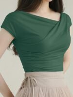 Women'S Elegant Asymmetrical Neckline Ruched Slim Fit Short Sleeve T-Shirt - Solid Color, Medium Stretch, Spring/Summer Casual & Formal Wear, Ladies T Shirts, Summer Outfit, Chic Style, Stretchy Fabric, Fitted Shirt, Summer Wardrobe - Image 4