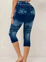 Plus Size Floral Print Capri Leggings, Casual Faux Denim Stretchy Leggings For Spring & Summer, Women'S Plus Size Clothing - Image 2