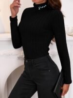 Solid Turtle Neck Rib Knit Top, Elegant Slim Long Sleeve Simple Sweater, Women'S Clothing - Image 6