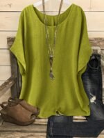 Plus Size, Plus Size Women'S Casual Summer Batwing Sleeve Blouse - Olive Green Solid Color Round Neck Short Sleeve Shirt, Machine Washable & Dry Cleanable, Elegance Collection - Image 4