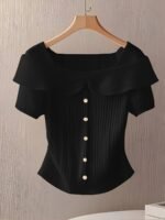 Women'S Summer Short Sleeve Top - Elegant Middle Eastern-Inspired Button-Front Design, Lightweight Breathable Fabric, Machine Washable Solid Color Blouse For Casual & Formal Wear, Versatile Clothing, Sophisticated Style, Ribbed Texture, Stylish Women - Image 2