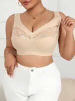Plus Size Contrast Lace Trim Bra - Breathable Comfortable Stretch Fabric, No Underwire & No Padding, Soft Beige Sexy Casual Attire, Lace Lingerie, Elegant Intimate Apparel, Smooth Texture Finish - Image 5