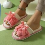 Women'S Plush Fleece Slip-On Slippers With Bow Detail - All-Season Indoor House Shoes, Soft Eva Sole For Comfort & Quiet, Cozy Home Slippers In Black/White/Green/Beige/Pink/Grey, Cute Slippers - Image 4