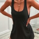 Sexy Women'S Mini Vest Dress - U-Neck Sleeveless Geometric Print, Semi-Sheer Stretchy Fabric With Front Short Back & Asymmetrical Hem, Casual Summer Dress For Spring/Summer Outings, Vacation Outfit, Breathable Fabric, Trendy Women