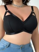1Pc Plus Size Women'S Sexy V-Neck Cut-Out Bralette, Polyester Knit Fabric, Medium Stretch, Solid Color, Collarless, Wire-Free, No Padding, Pullover Style - Image 3