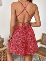 Women'S Elegant Backless A-Line Dress - Sexy Red Floral Print Short Skirt, Backless Design, Perfect For Spring/Summer Vacations, Casual Summer Dress | Floral Print Dress | Aline Silhouette, Cute Summer Dresses