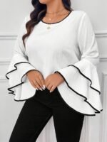 Plus Size Contrast Trim Crew Neck Blouse, Elegant Layered Ruffle Sleeve Top For Spring & Fall, Women'S Plus Size Clothing - Image 10