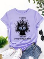 Women'S Light Blue Casual Short Sleeve T-Shirt - "It'S Fine I'M Fine Everything Is Fine" Sarcastic Cat Graphic Print, Round Neck Summer Fit, Medium Stretch Machine Washable Tee, Cat T Shirt, Everyday Apparel, Playful Design, Stretchy Fabric - Image 6