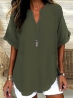 Elegant Plus Size Women'S V-Neck Short Sleeve Blouse - Light Gray, Casual & Stylish For Spring/Summer, Relaxed Fit With Half-Sleeve Design, Casual Wear | Relaxed Fit Top | Stylish Necklin - Image 6