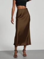 Women'S High-Waist Satin Midi Skirt - Elegant Solid Black, Flared Design, Perfect For Dates & Work, All-Season Polyester Skirt, Office Wear Skirt | Flared Skirt Style | Quality Construction