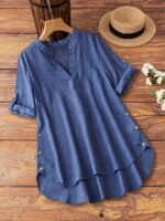 Plus Size Casual V-Neck Sleeveless Blouse With Fake Buttons - Beige, Asymmetrical Hem, Long-Sleeve, Non-Stretch Fabric, Perfect For Spring/Summer, Casual Attire|Vneck Blouse|Asymmetrical Hemline, Plus Size Shirts - Image 4
