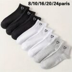 8/10/16/20/24 Double Black And White Gray Solid Color Love Couple'S Japanese Cute Breathable Odor Proof Ins Style Versatile Women'S Short Socks For Daily Use