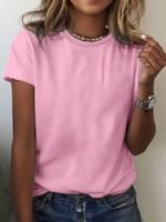 Women'S Casual Solid Color Blank Short Sleeve T-Shirt - Round Neck Regular Fit Machine Washable Spring Summer Essential Versatile Top, Plain T Shirts For Ladies, Casual Attire, Minimalist Style, Smooth Texture - Image 7