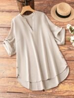 Plus Size Casual V-Neck Sleeveless Blouse With Fake Buttons - Beige, Asymmetrical Hem, Long-Sleeve, Non-Stretch Fabric, Perfect For Spring/Summer, Casual Attire|Vneck Blouse|Asymmetrical Hemline, Plus Size Shirts