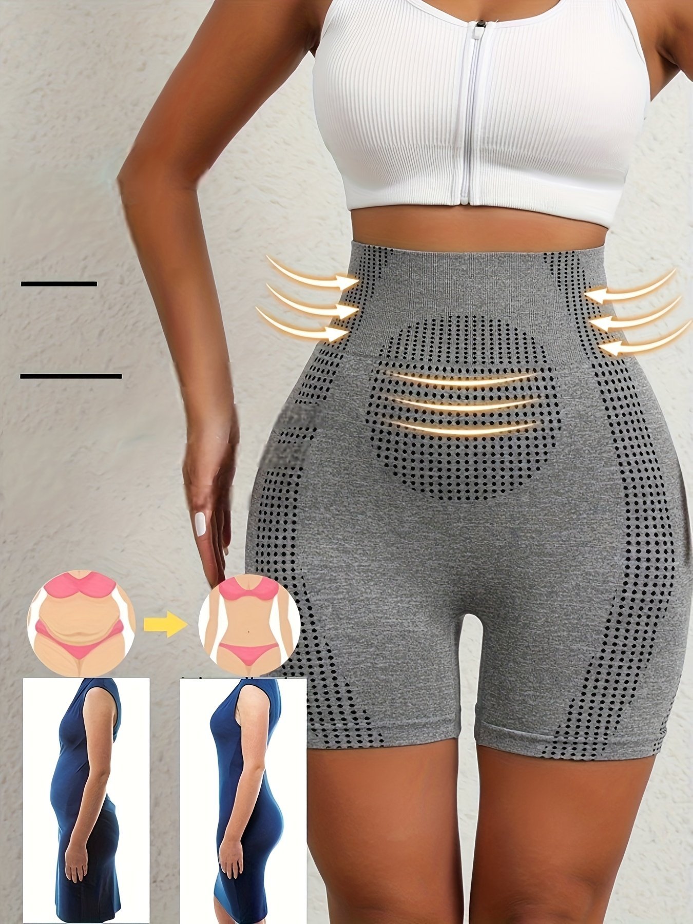 product-fancy-fc3e64b2-ba2b-40d7-aec1-da8ddd4f875f.jpg 1Pc Women'S High-Waisted Shorts With Perforated Design - Slimming Effect, Supports Belly And Thighs, No Padding, Fashionable Gray Shorts For Fitness And Casual Wear, Casual Wear Shorts|Fashionable Shorts|Comfortable Fit, High Waist Shorts - Image 1