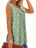Women'S Floral Print Sleeveless Henley Neck Top - Casual Summer Tank Top, Green With White Flowers, V-Neck, Button Detail, Polyester Fabric, Perfect For Vacation Or Casual Attire, Summer Casual Wear | Vneck Top | Medium Stretch Material, Floral Print Tank To - Image 9