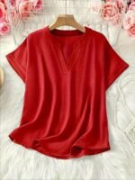 Elegant Plus Size Women'S V-Neck Short Sleeve Blouse - Light Gray, Casual & Stylish For Spring/Summer, Relaxed Fit With Half-Sleeve Design, Casual Wear | Relaxed Fit Top | Stylish Necklin - Image 10