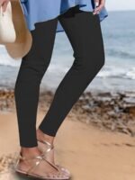 Women'S Plus Size High-Waist Stretchy Solid Color Leggings - Casual & Comfortable, Perfect For Beach Outings, All-Season Wear - Image 2