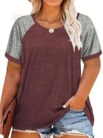 Plus Size Women'S Summer Casual Raglan Color Block T-Shirt - Teal & Heather Grey Short Sleeve Loose Fit Tee, Breathable Round Neck Top For Casual Attire, Ladies T Shirts, Smooth Texture Shirt, Soft Fabric Tee - Image 8