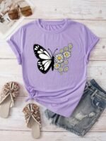 Women'S Casual Butterfly & Daisy Floral Print Round Neck T-Shirt - Olive Green, Machine Washable, Regular Fit For Casual Attire, Allseason Fashion, Relaxed Style, Nontransparent Fabric - Image 6