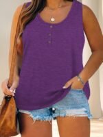 Women'S Plus Size Casual Tank Top With Button Detail - Sleeveless, Solid Color, Stretchy Fabric, Crew Neck, Oversized Fit For Summer Outings, Comfortable Clothing | Relaxed Fit Top | Medium Stretch Materia - Image 2