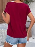 Women'S Batwing Short Sleeve T-Shirt - Lace Contrast Raglan Sleeves, Round Neck Longline Top, Burgundy & White Elegant Design, Machine Washable All-Season Casual Wear, Vacation Clothing, Nontransparent Fabric - Image 10