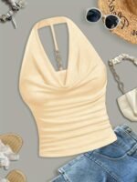 Women'S Sexy Halter Neck Sleeveless Top - Semi-Sheer Stretchy Slim Fit Backless Shirt, Vibrant Yellow Solid Color, Machine Washable For Casual & Evening Outfits, Evening Wear, Backless Design, Sensual Apparel, Semitransparent Material - Image 4