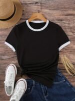 Contrast Trim Short Sleeve T-Shirt, Casual Crew Neck Top For Spring & Summer, Women'S Clothing - Image 2