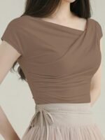 Women'S Elegant Asymmetrical Neckline Ruched Slim Fit Short Sleeve T-Shirt - Solid Color, Medium Stretch, Spring/Summer Casual & Formal Wear, Ladies T Shirts, Summer Outfit, Chic Style, Stretchy Fabric, Fitted Shirt, Summer Wardrobe - Image 5