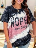 Women'S Plus Size Watercolor Print T-Shirt - "Nope Not Today" Graphic Short Sleeve Round Neck Top, Black With Pink & White Artistic Design, Breathable Summer Casual Loungewear, Machine Washable, Ladies T Shirts, Everyday Comfort, Trendy Graphic Tee, Medium Stretch Fabric