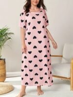 Women'S Plus Casual Sleep Dress, Plus Size Heart Print Short Sleeve Crew Neck Nightdress - Image 6