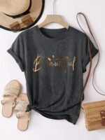 Women'S Casual Crew Neck T-Shirt With Heart & Letter Print - "Beautiful" Design, Short Sleeve, Loose Fit, Black, Perfect For Spring/Summer/Fall, Ladies T Shirts - Image 4