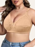 Plus Size Elegant Beige Bra For Women - Breathable Full Coverage, Wireless With Front Bow Detail & Floral Cut-Outs, Soft Nylon Blend, Wide Straps, No Padding, Versatile All-Season Wear, Sizes 1Xl-5Xl, Plus Size Bra - Image 7