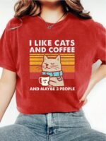 Women'S Casual "I Like Cats And Coffee" Graphic T-Shirt - Short Sleeve, Round Neck, Polyester, Lightweight, All-Season Tee With Cat And Coffee Design, Casual Wear | Playful Print | Knit Construction, Cat Lover Gifts - Image 4