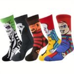 1/5 Pairs Of Unisex Funny Trendy Pattern Novelty Crew Socks, Comfy Breathable Thermal Socks, Winter & Autumn Halloween Costumes