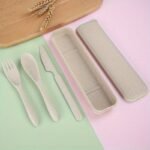 1 Set 3-In-1 Reusable Wheat Straw Camping Utensils With Polished Finish, Portable Travel Cutlery In Plastic Case For Picnic, Camping, And Daily Use - Image 2