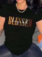 Blessed Letter Print Crew Neck T-Shirt, Casual Short Sleeve Top For Spring & Summer, Women'S Clothing