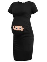 Charming Pregnancy Graphic Maternity Dress - Green Bodycon Short Sleeve Top With Cute Bump Print, Round Neckline, All-Season Comfort For Expectant Mothers, Maternity Dress | Playful Print | Stretchy Fabric - Image 4