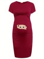 Charming Pregnancy Graphic Maternity Dress - Green Bodycon Short Sleeve Top With Cute Bump Print, Round Neckline, All-Season Comfort For Expectant Mothers, Maternity Dress | Playful Print | Stretchy Fabric - Image 10