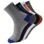 5 Pairs Men'S Athletic Crew Socks, Moisture-Wicking Knit Fabric, Solid Color, Polyester 75%, Spandex 25%, With Embroidered Badge, For Hand Wash Only, Sweat-Resistant - Image 4