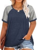 Plus Size - Plus Size Women'S Summer T-Shirt - Color Block Raglan Short Sleeve Loose Fit Casual Top, Vibrant Pink & Gray, Round Neck, Lightweight & Breathable For Spring/Summer Outfits, Ladies T Shirts - Image 3