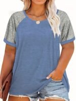 Plus Size - Plus Size Women'S Summer T-Shirt - Color Block Raglan Short Sleeve Loose Fit Casual Top, Vibrant Pink & Gray, Round Neck, Lightweight & Breathable For Spring/Summer Outfits, Ladies T Shirts - Image 7