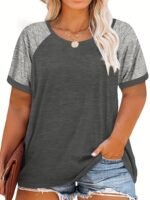 Plus Size - Plus Size Women'S Summer T-Shirt - Color Block Raglan Short Sleeve Loose Fit Casual Top, Vibrant Pink & Gray, Round Neck, Lightweight & Breathable For Spring/Summer Outfits, Ladies T Shirts - Image 2