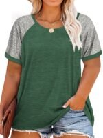Plus Size - Plus Size Women'S Summer T-Shirt - Color Block Raglan Short Sleeve Loose Fit Casual Top, Vibrant Pink & Gray, Round Neck, Lightweight & Breathable For Spring/Summer Outfits, Ladies T Shirts - Image 9