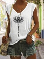 Lotus Print V Neck Tank Top, Cap Sleeve Casual Top For Summer & Spring, Women'S Clothing - Image 7