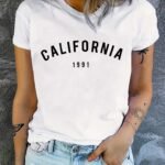 California 1991 Print Crew Neck T-Shirt, Casual Short Sleeve T-Shirt For Spring & Summer, Women'S Clothing